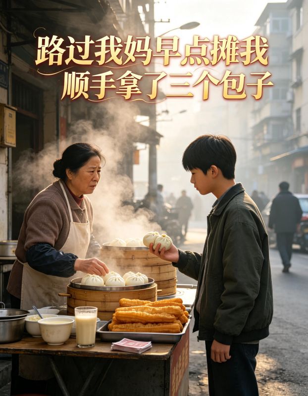 路过我妈早点摊我顺手拿了三个包子