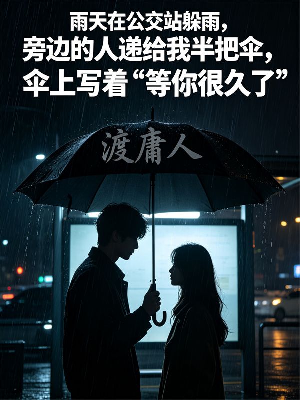 雨天在公交站躲雨，旁边的人递给我半把伞，伞上写着“等你很久了”